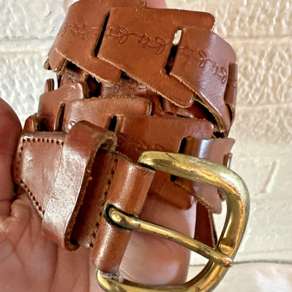 Vintage  Brown Leather LINK BRAIDED Belt Brass Buckle TOOLED FLORAL M